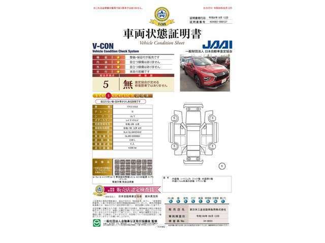 車両状態証明書は5点です。