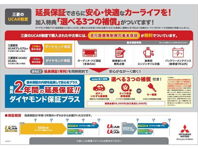 認定UCARプレミアムは3年間、認定UCARは1年間走行無制限保証が無料でつきます！有償オプションで最長5年間（プレミアム）又は3年間に延長も可能！長期間の安心をお届けします！！