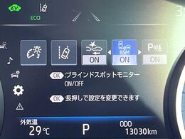 【ブラインドスポットモニター】走行中、ドアミラーの死角になりやすい箇所に後続車が接近するとサイドミラーのレンズに警告を表示！ドライバーに注意喚起をしてくれます。