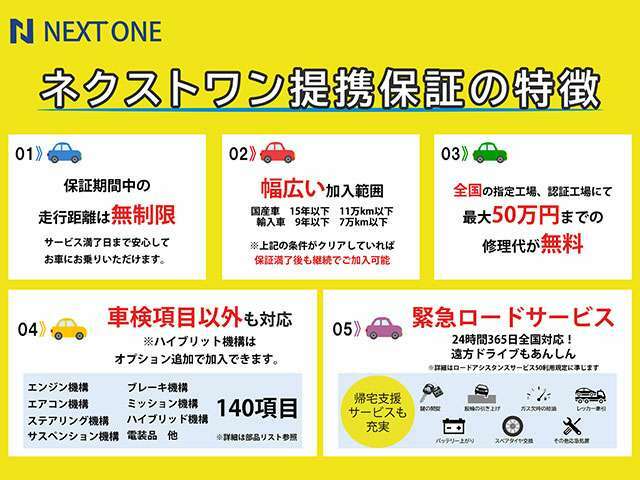 弊社では「自社提携保証」を完備致しました！2年保証/140項目/走行距離無制限！全国各地での「指定/認証」工場でございましたら保証修理が対応可能です！累積保証上限額50万円！無料ロードサービス付帯！