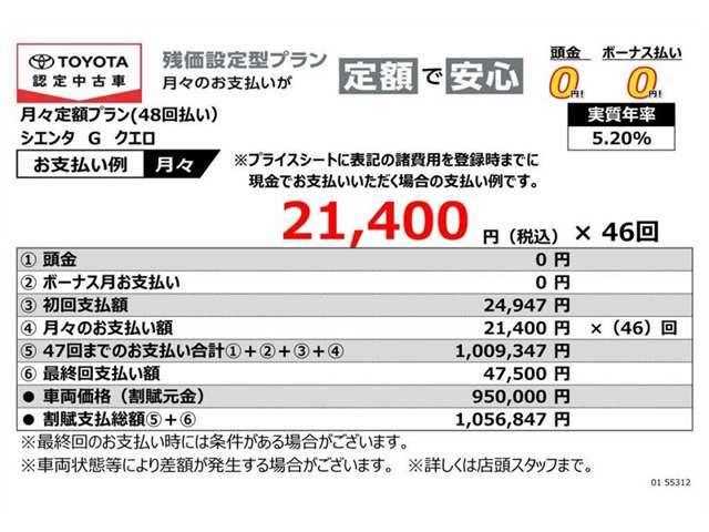 車両本体価格の一部をあらかじめ残価として据え置き、残りの金額を分割でお支払いいただくプランです。月々のお支払いをお安くできちゃいますよ♪詳しくはお気軽にスタッフまでご相談ください。