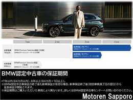 新車登録から7年目まで、最長4年間の走行距離無制限保証をご用意。新車も取り扱う正規ディーラーの厳しい目により選ばれた確かな品質と充実の保証で、BMW認定中古車ならではの安心をお届けいたします。