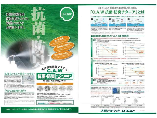 C,W,Aチタニアは、車内をコーティングすることにより抗菌、抗ウイルス、防臭といった効果を長時間持続させます。