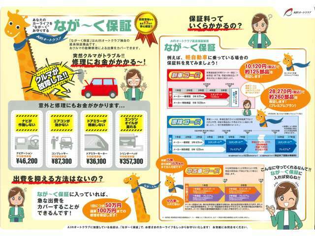 安心してなが～くお乗り頂けるよう、全国の「AIRオートクラブ」加盟店にて対応可能な「なが～く保証」をご用意しております。車齢15年、走行距離15万km以内迄加入対象です。