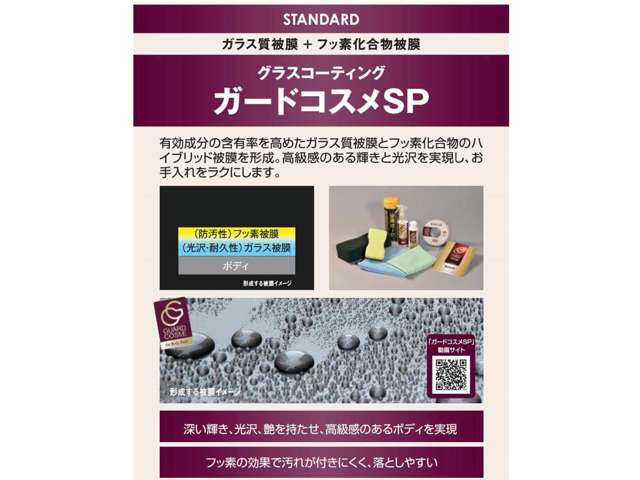 有効成分の含有量を高めたガラス質被膜とフッ素化合物のハイブリッド被膜を形成。高級感のある輝きと光沢を実現し、お手入れをラクにします。