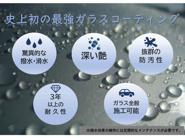 ボディの輝き・艶がまるで違います！防汚性能が高いため、汚れが付着しにくく洗車も簡単です♪内容はガラスコーティングのほか、鉄粉除去と場合によってはボディー磨きが含まれますので大変お得です☆