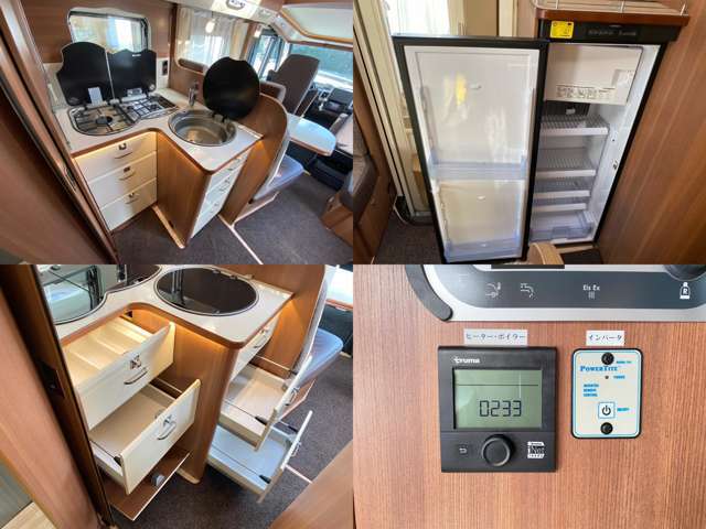 シンク（給水120L　排水95L）3連ガスコンロ　150L冷蔵庫3WAY　ガスヒーター＆ボイラー