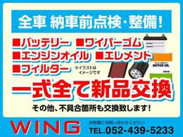 納車前整備も細かくさせていただきます。バッテリー、ワイパーゴム、オイル、エレメント、フィルター一式、その他不具合箇所も全て交換いたします。