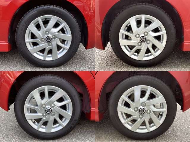 純正アルミホイールにタイヤサイズは155/65R14。ニュータイヤへの交換もご相談ください。