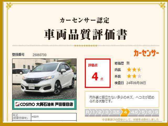 遠方の方もご安心下さい！各車両に第三者機関（AIS検査）の評価書をお付けしております！外装のキズや状態等をご提示しております。（一部検査中の車輛もあります。）