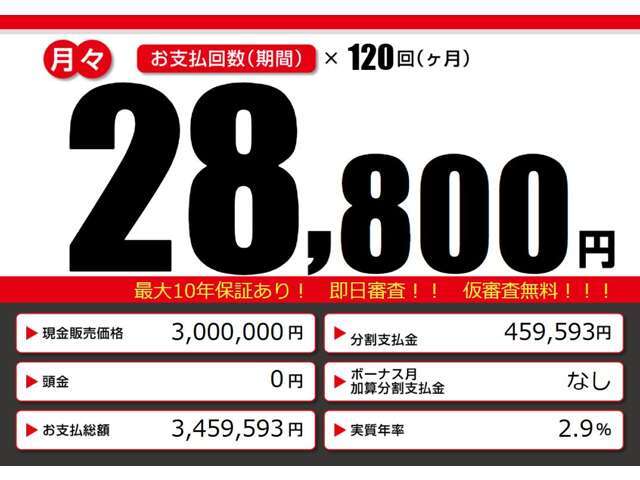 こちらの車輌をローンでのご購入をご検討中の方へ。月々の目安支払額になります。あくまでも、表示の条件によって算出された額になります。お客様のご購入の条件によって変動致しますので、詳しくはスタッフまで！！