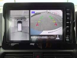 アラウンドビューモニター画像になります。4方向のカメラ画像を合成をし、上から見たような画像にしバック駐車時の死角を無くします。