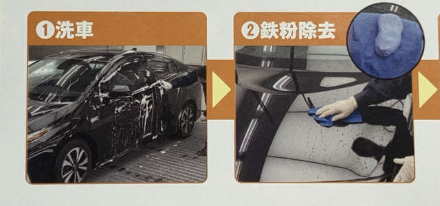 1スポンジにシャンプーの泡をたっぷり付け、お車全体を丁寧に洗います。2ボディに付着した鉄粉や異物を取り除きます。