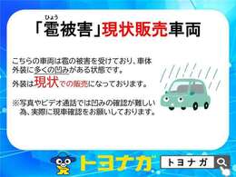 この車両は雹（ひょう）による凹みが多数あります。外装は修理をせず現状販売となります。直接見て頂くことをお勧めしておりますのでご了承下さい。