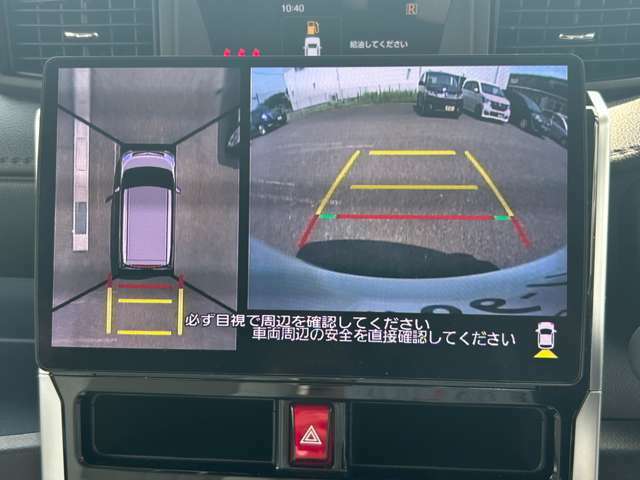 【全周囲カメラ】カメラが右も左にも前にも付いているのですから。クルマの真上から擬似的に自分のクルマを俯瞰して見られるから、駐車枠や隣のクルマなど周囲との位置関係がとてもよくわかり、駐車しやすいです。