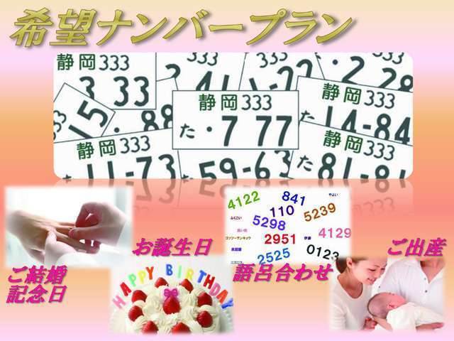 希望ナンバーを取得するプランです。一部抽選の結果取得出来ない事もございます。遠方の方は応相談下さい。