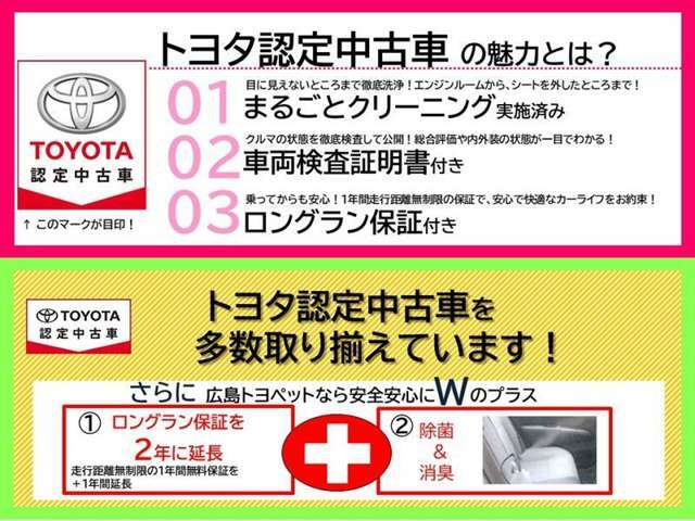 広島トヨペットでは通常1年間のロングラン保証にもう1年保証を＋（プラス）　2年間のロングラン保証を付けさせていただいております。全国のトヨタ系ディーラーで保証を受けて頂けます。