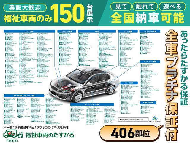 中古福祉車両の故障が心配な方も安心！エンジンからエアコンまで手厚く保証する「プラチナ保証」遠方のお客様も全国の提携工場で修理対応OK。高額な修理費の不安を解消し、安心のカーライフをご提供します。