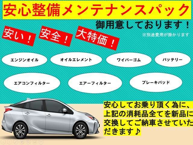 納車整備時、お車の消耗品を新品に交換する安心プランです。整備は自社整備士もしくは提携正規ディーラーにて、お客様の大切なお車を安心してお乗り頂けるよう責任を持って整備させて頂きます。