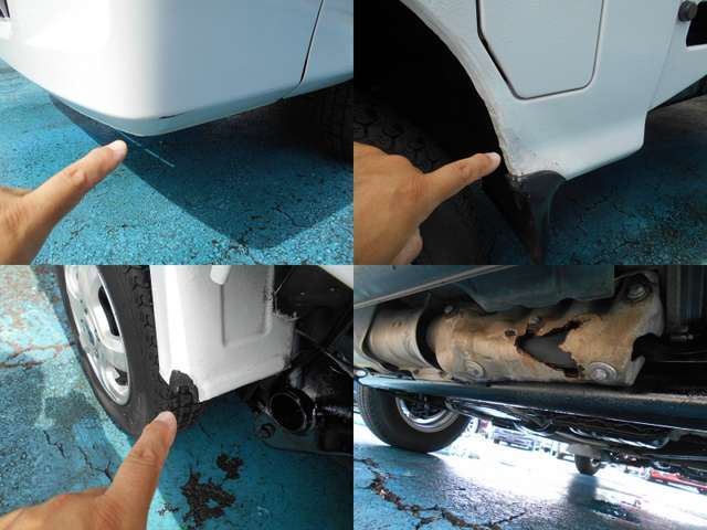 私が気になる箇所を画像に撮りました。前バンパー左角下部にキズ、左前タイヤ後方に錆補修跡、遮熱板に穴あり！！その他はコキズやエクボ程度！！板金修理も承りますので気になる方はご相談下さいね！！！