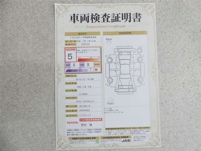 車両検査証明書付きです！だれでも中古車の状態がすぐにわかるよう、車のプロが客観的にチェック。車両の状態やわずかなキズも正確にお伝えします。