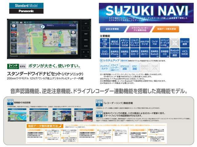 逆走注意機能、ドラレコ連動機能搭載の高機能モデル2024年モデルパナソニック製ワイドメモリーナビ。12セグ/ワンセグ地デジTVチューナー内蔵。※車両の仕様によって、別売り部品が必要になる場合あり