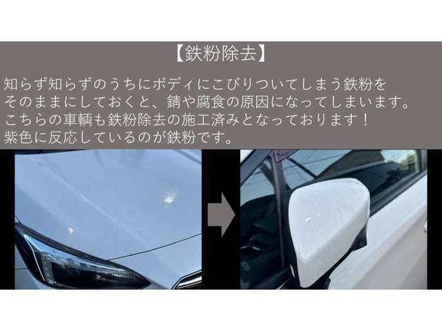 【鉄粉除去】　　　キレイに見えているボディには、鉄粉が多く付着していることが多いです。　鉄粉をこまめに除去しておかないと、ザビの原因になったり、ボディコーティングをしても効果が薄れてしまったりします。