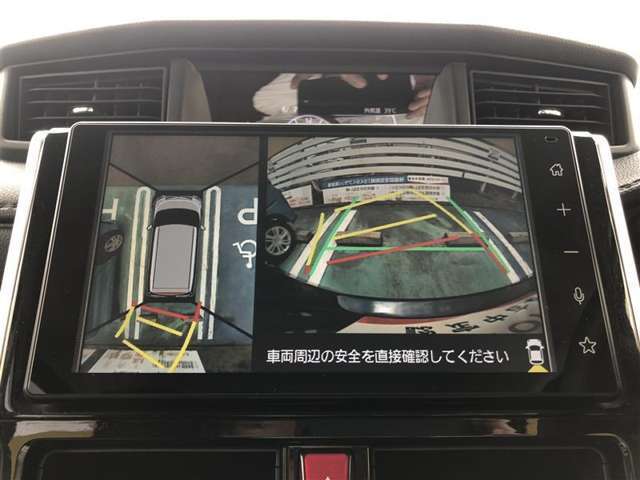 全周囲の画像が表示されます。　運転席から見づらい個所なども、上空から見たような映像で確認できます。　　映像の切替もでき、後方確認だけでなく大変便利な機能です。