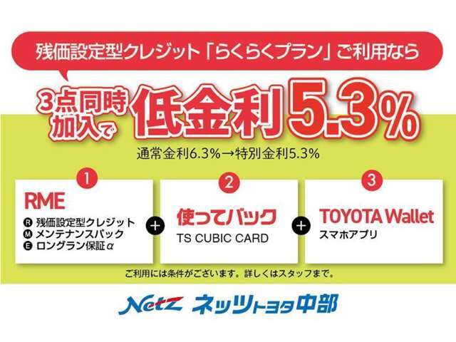 「RME」＋「使ってバック」＋「TOYOTA　Wallet」の3点をセットにした特別金利プランです。通常金利8.5％のところ、特別金利5.3％にてご提供。
