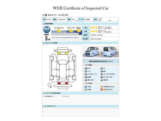 第三者評価機関「AIS社」の車両検査済み！総合評価S点（評価点はAISによるS～Rの評価で令和7年11月現在のものです）です♪