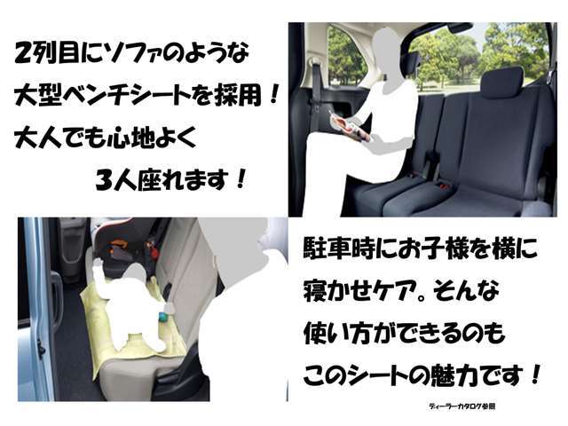 ゆとりのサイズと十分な厚みで豊かな座り心地を生み、ロングドライブでも疲れにくいシートです。ウォークスルーがしやすい丸い肩、後ろの席のゆとりも考えた背面形状など、機能を踏まえながらスマートなデザイン！