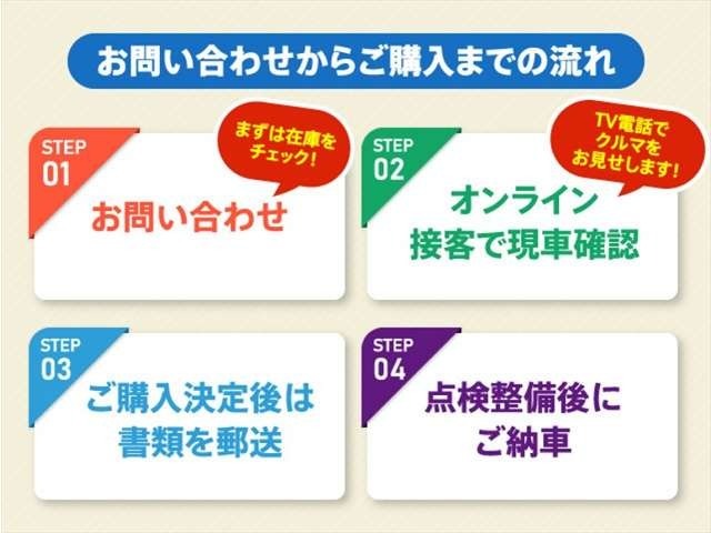 当店はオンラインに特化した新しいスタイルの店舗です。スマホやPCをTV電話のようにして、車両の状態や装備の詳細を見て頂けます。難しい操作は何もありません。携帯番号もしくはEメールアドレスがあればOKです！