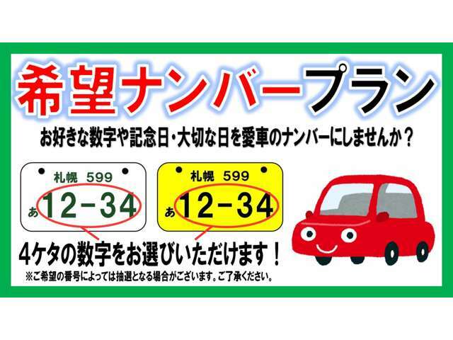 Aプラン画像：愛車のナンバーをお好みの数字や思い出の数字に！希望ナンバーを取得するパックです。（※人気の番号は抽選になることがございます。予めご了承ください。）