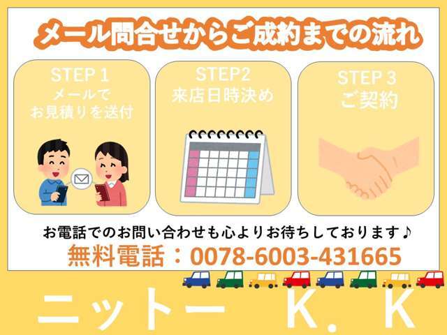 ★メールでお問い合わせいただいてからご成約までの流れ★些細な事でも構いません！気になる事ございましたら、メールもしくはお電話にてお問い合わせくださいね＾＾（フリーダイヤル：0078-6003-431665）