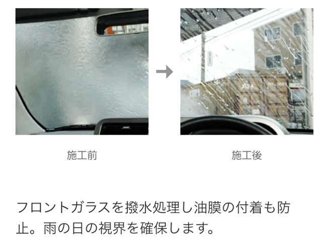 ◇お手入れラクラク　◇油膜の付着を防止　※撥水処理した後は雨粒が水玉となってはじけ飛び、良好な視界を確保できます。