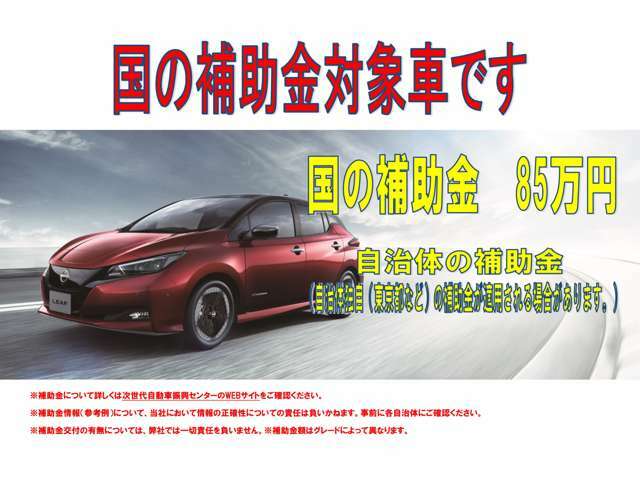 国の補助金対象車です。※補助金について詳しくは次世代自動車振興センターのWEBサイトをご確認ください。