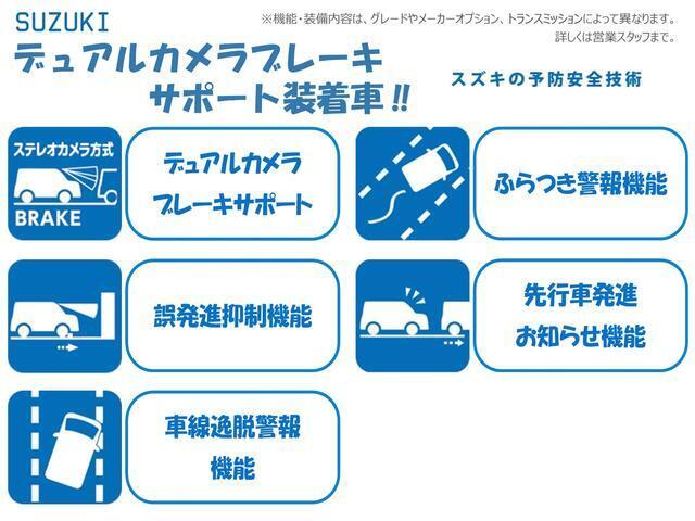 毎日の安心と、クルマの楽しさを支える。スズキの予防安全技術『SUZUKI　Safty　Support』※機能についての詳細はスタッフまで。