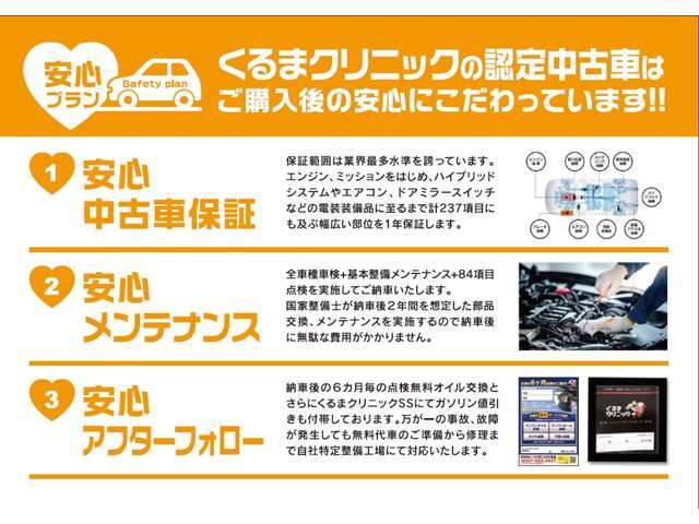 くるまクリニック安心パックプランは購入後の安心にこだわっています！・保証範囲は業界最多水準・次回車検想定の安心メンテナンス・納車後のアフターフォロー無料オイル交換で購入後の無駄な費用がかかりません。