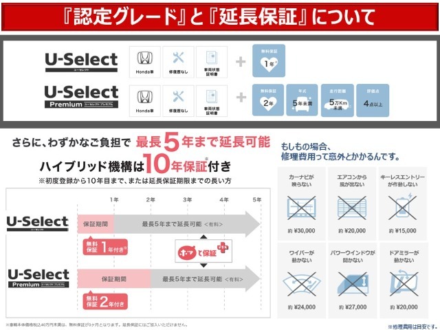 【認定グレードと延長保証】安心の中古車有料延長保証・ホッとプラス保証加入がお奨めです！お車の保証期間を、最長5年まで延長することができます。※加入可能期間は年式により異なります。