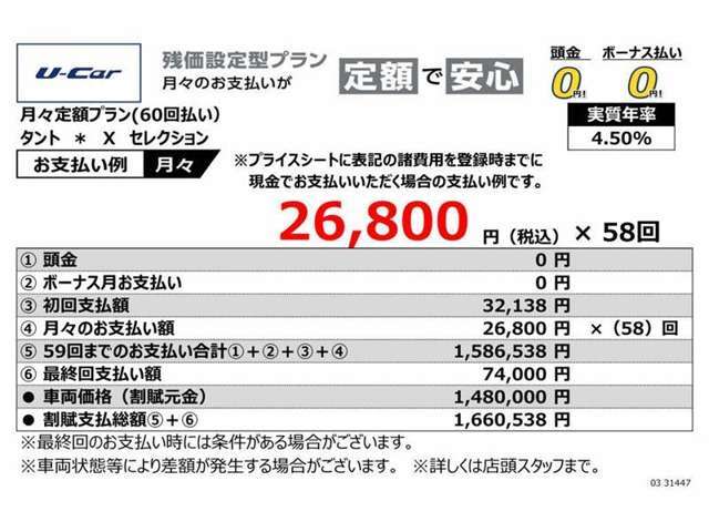 当社おすすめのお支払いプラン（残価設定型プラン）詳しくは営業スタッフまでお尋ねください