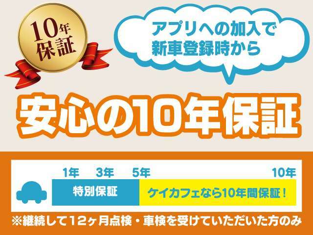 〇新車登録から5年間は、メーカー保証の内容に準じた自社保証をしております。さらにアプリにご加入いただくと、主要5つの部品は合計10年間保証致します（条件有り）。詳しくは「ケイカフェ」で検索！