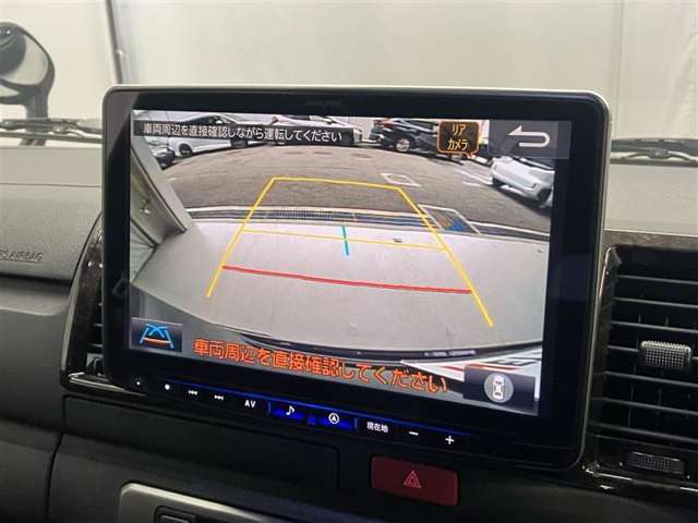 こちらのバックカメラは画面にラインが表示されておりますので、バック持のクルマの進行方向の目安になります。より高いレベルで車庫入れをサポートする、便利な機能ですね。