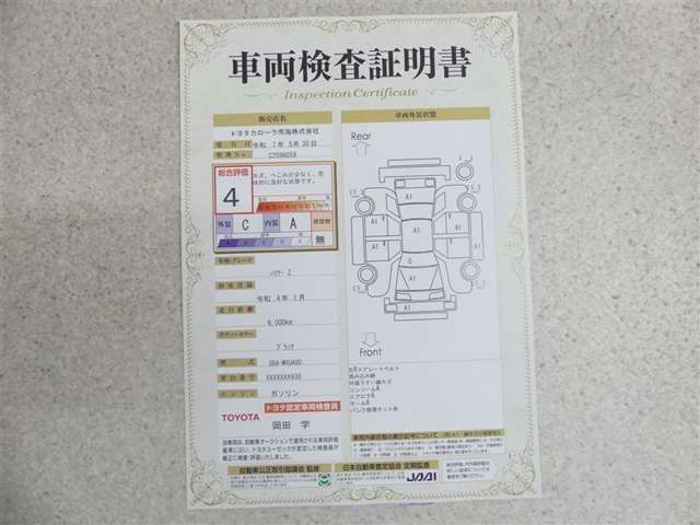車両検査証明書付きです！だれでも中古車の状態がすぐにわかるよう、車のプロが客観的にチェック。車両の状態やわずかなキズも正確にお伝えします。
