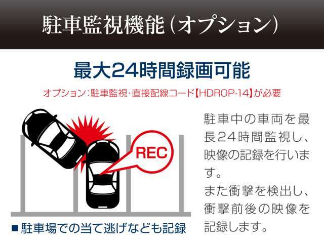 オプションの駐車監視機能が付いてます！当て逃げ対策にも便利です。