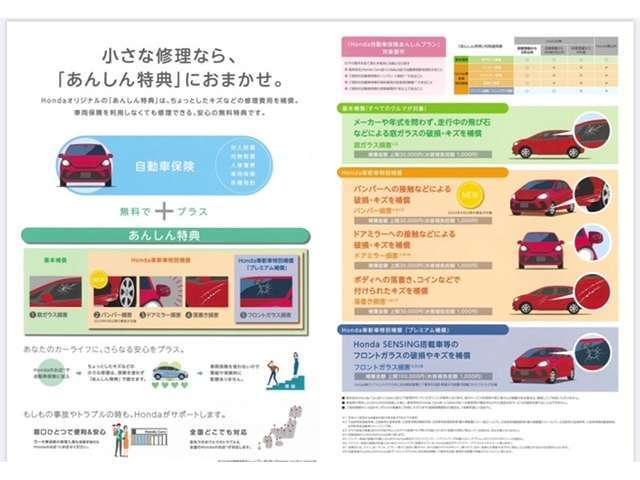 自動車保険も取り扱っております！保険の見直しなども承っております！全国のホンダの販売店でご利用頂けるあんしん特典があります。