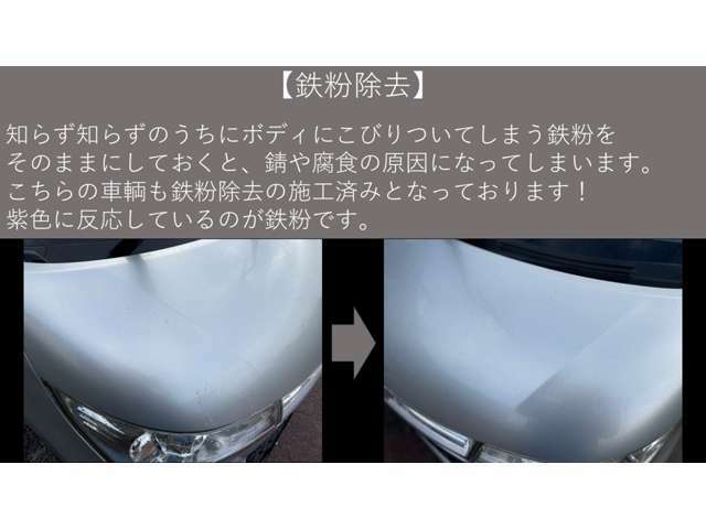 【鉄粉除去】　　　キレイに見えているボディには、鉄粉が多く付着していることが多いです。　鉄粉をこまめに除去しておかないと、ザビの原因になったり、ボディコーティングをしても効果が薄れてしまったりします。