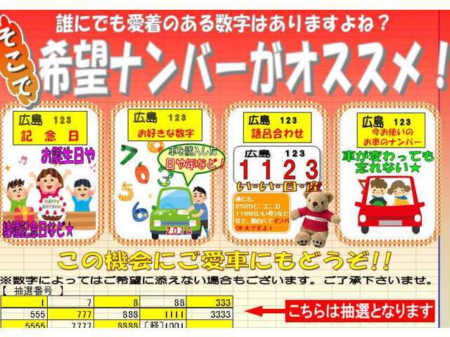 ☆車のご購入に合わせてせっかくなのでナンバーを選んでみませんか？記念日や、誕生日などお好きな番号を僅かな負担でお付け出来ますよ☆