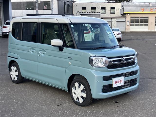 スズキ　スペーシア　ハイブリッドX 　4WD/届出済未使用車/ハンドルスイッチ/シートヒーター/オットマン/両側電動スライドドア/オートライト/先進装備デュアルセンサーブレーキサポートII