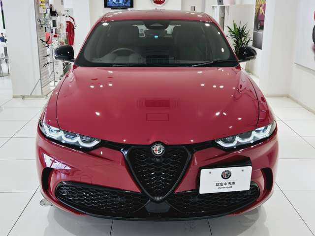盾型グリルとアルファロメオエンブレムが真ん中にあって日本車では珍しいナンバープレートが端にあります