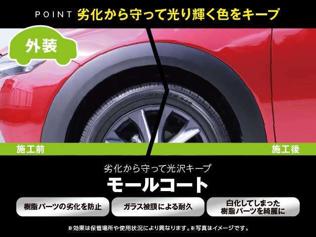 劣化から守って光沢をキープする『モールコート』。樹脂パーツの劣化を防止し、ガラス被膜により、白化を予防するなど光り輝く色をキープするのに効果を発揮します。